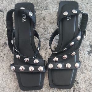 Zara Black and Silver‎ Studded Sandals, Size 8 Or 39